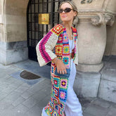 Vintage Long Sleeve Multicolored Crochet Granny Square Duster Cardigan